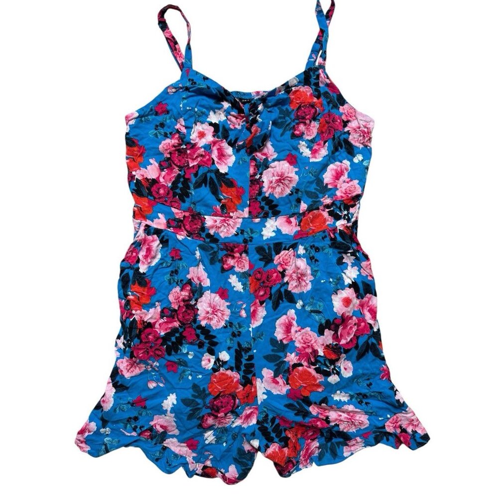 Torrid Floral Romper Size 2 Blue Pink Sleeveless Pockets Stretch NWOT